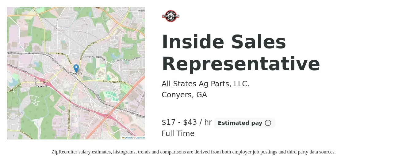 All States Ag Parts, LLC. job posting for a Inside Sales Representative in Conyers, GA with a salary of $18 to $45 Hourly with a map of Conyers location.