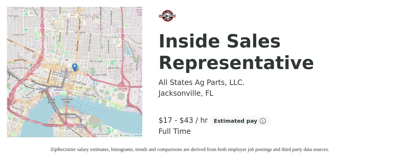 All States Ag Parts, LLC. job posting for a Inside Sales Representative in Jacksonville, FL with a salary of $18 to $45 Hourly with a map of Jacksonville location.