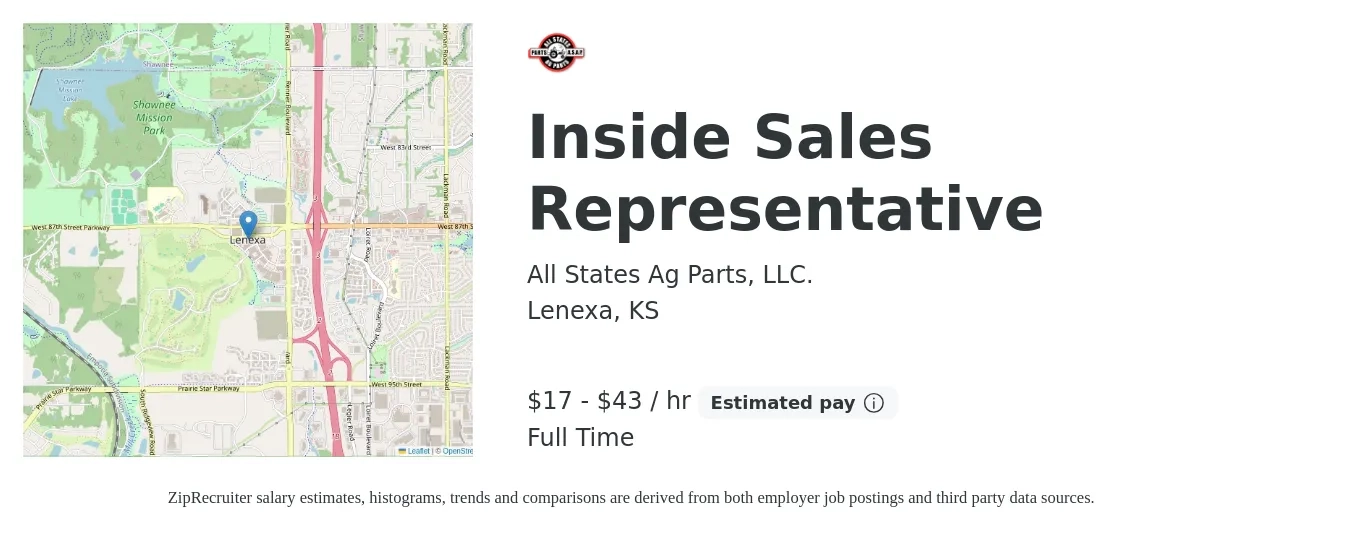 All States Ag Parts, LLC. job posting for a Inside Sales Representative in Lenexa, KS with a salary of $18 to $45 Hourly with a map of Lenexa location.
