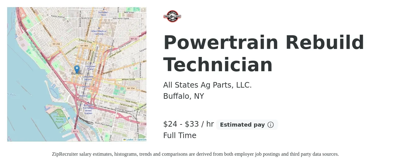 All States Ag Parts, LLC. job posting for a Powertrain Rebuild Technician in Buffalo, NY with a salary of $25 to $35 Hourly with a map of Buffalo location.