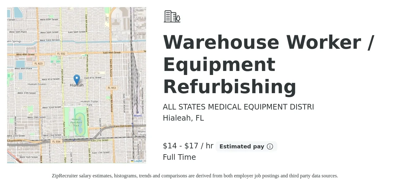 ALL STATES MEDICAL EQUIPMENT DISTRI job posting for a Warehouse Worker / Equipment Refurbishing in Hialeah, FL with a salary of $15 to $18 Hourly with a map of Hialeah location.