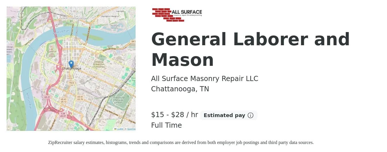 All Surface Masonry Repair LLC job posting for a General Laborer and Mason in Chattanooga, TN with a salary of $16 to $30 Hourly with a map of Chattanooga location.
