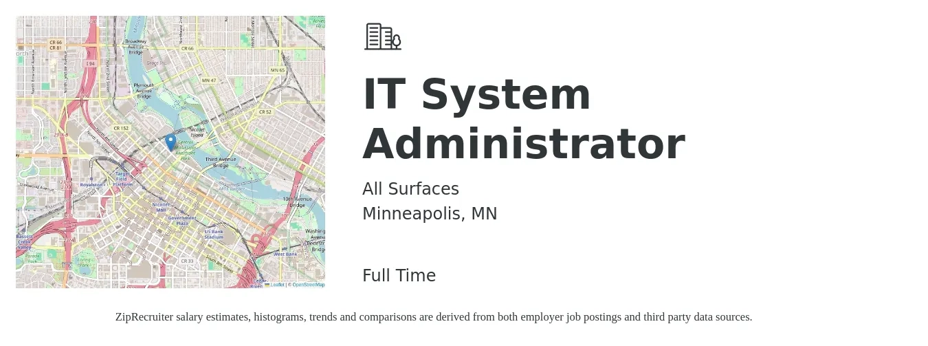 All Surfaces job posting for a IT System Administrator in Minneapolis, MN with a salary of $67,300 to $95,000 Yearly with a map of Minneapolis location.