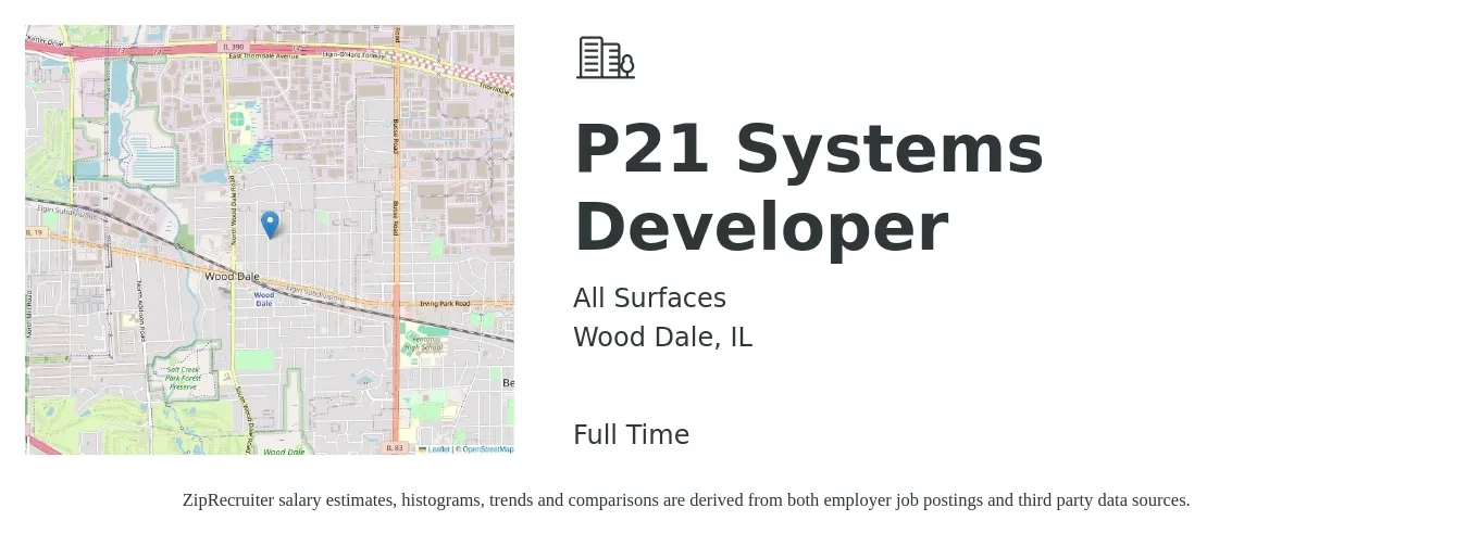 All Surfaces job posting for a P21 Systems Developer in Wood Dale, IL with a salary of $43 to $59 Hourly with a map of Wood Dale location.