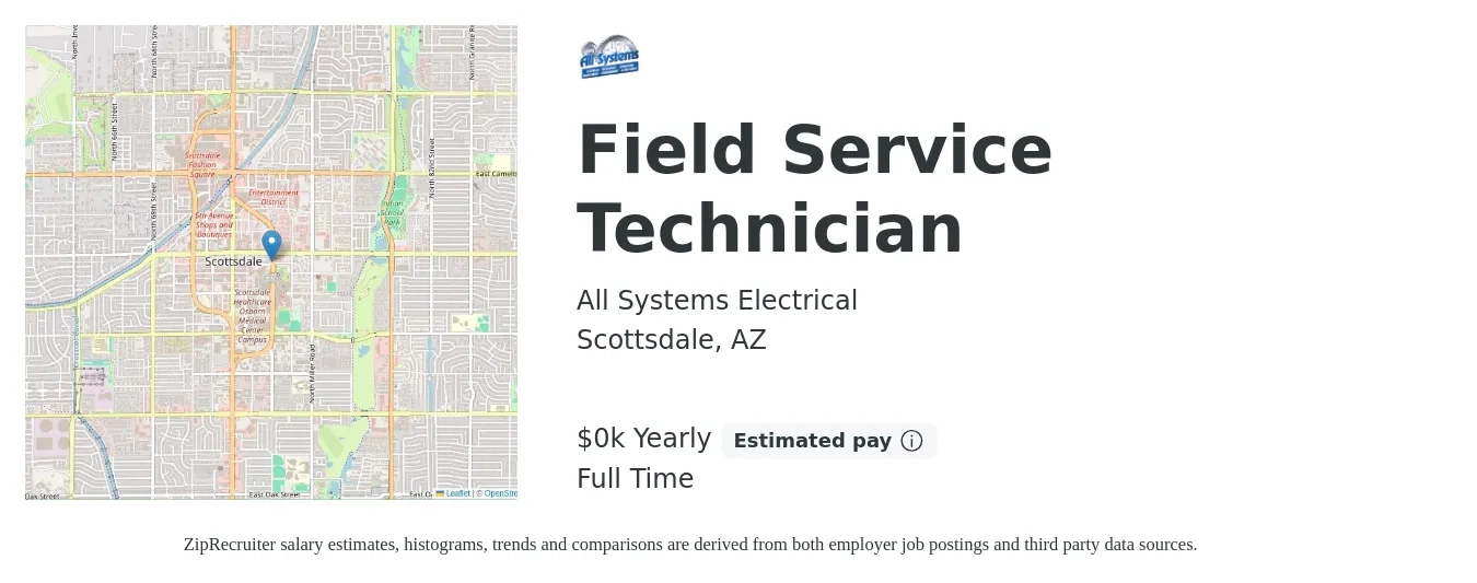All Systems Electrical job posting for a Field Service Technician in Scottsdale, AZ with a salary of $23 to $35 Yearly with a map of Scottsdale location.