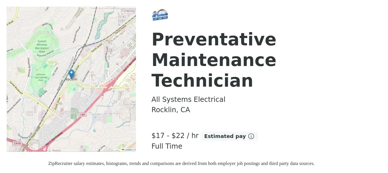 All Systems Electrical job posting for a Preventative Maintenance Technician in Rocklin, CA with a salary of $18 to $23 Hourly with a map of Rocklin location.