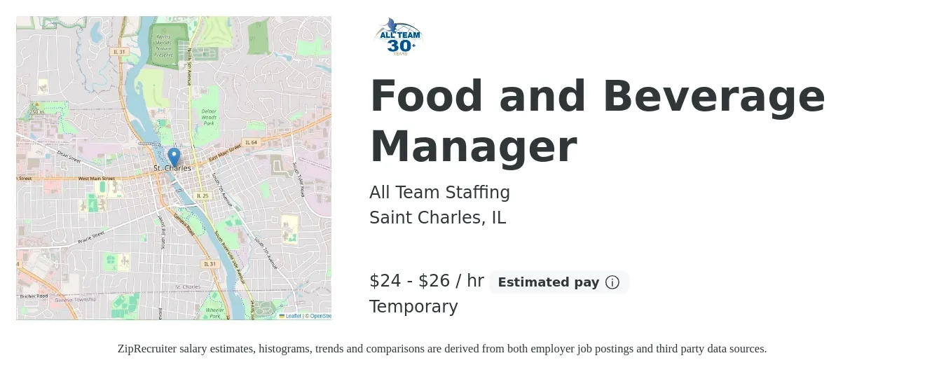 All Team Staffing job posting for a Food and Beverage Manager in Saint Charles, IL with a salary of $25 to $28 Hourly with a map of Saint Charles location.