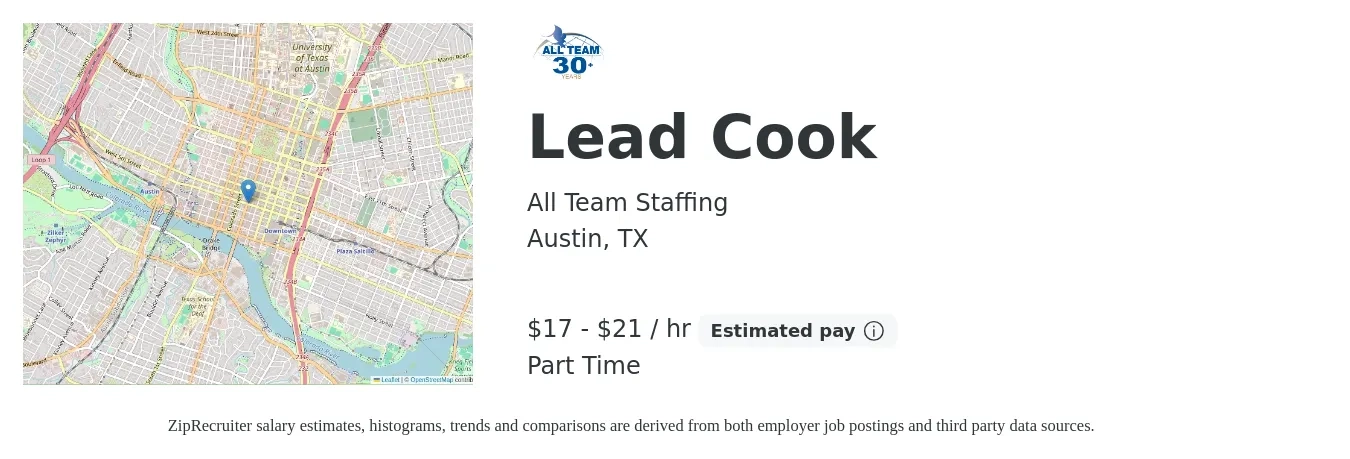 All Team Staffing job posting for a Lead Cook in Austin, TX with a salary of $18 to $22 Hourly with a map of Austin location.