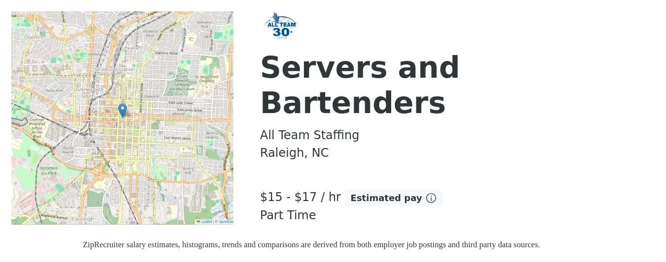 All Team Staffing job posting for a Servers and Bartenders in Raleigh, NC with a salary of $16 to $18 Hourly with a map of Raleigh location.