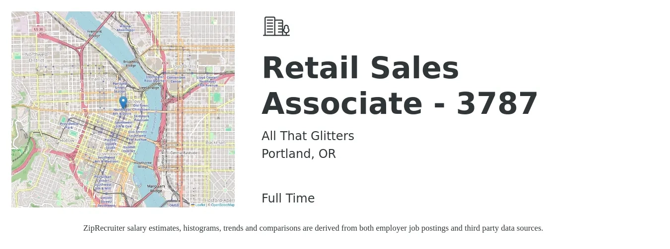 All That Glitters job posting for a Retail Sales Associate - 3787 in Portland, OR with a salary of $16 to $18 Hourly with a map of Portland location.