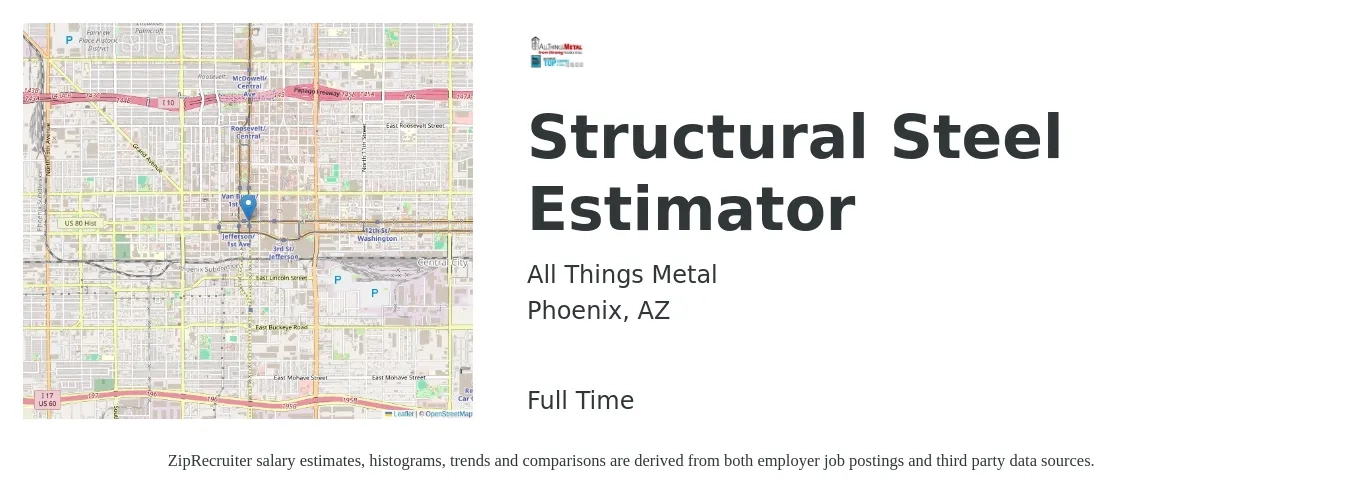 All Things Metal job posting for a Structural Steel Estimator in Phoenix, AZ with a salary of $70,000 to $90,000 Yearly with a map of Phoenix location.