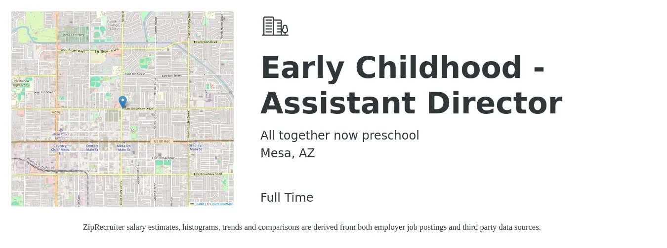 All together now preschool job posting for a Early Childhood - Assistant Director in Mesa, AZ with a salary of $42,000 to $84,500 Yearly with a map of Mesa location.