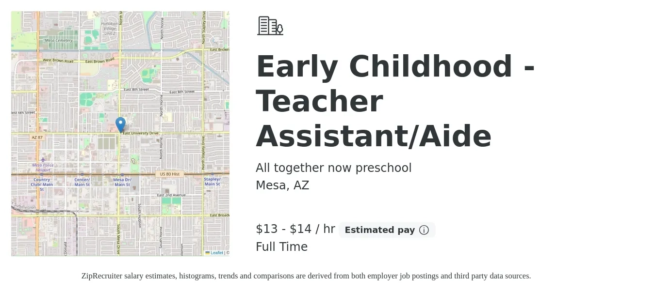 All together now preschool job posting for a Early Childhood - Teacher Assistant/Aide in Mesa, AZ with a salary of $14 to $16 Hourly with a map of Mesa location.