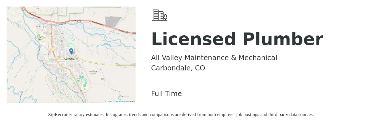 All Valley Maintenance & Mechanical job posting for a Licensed Plumber in Carbondale, CO with a salary of $31 to $46 Hourly with a map of Carbondale location.