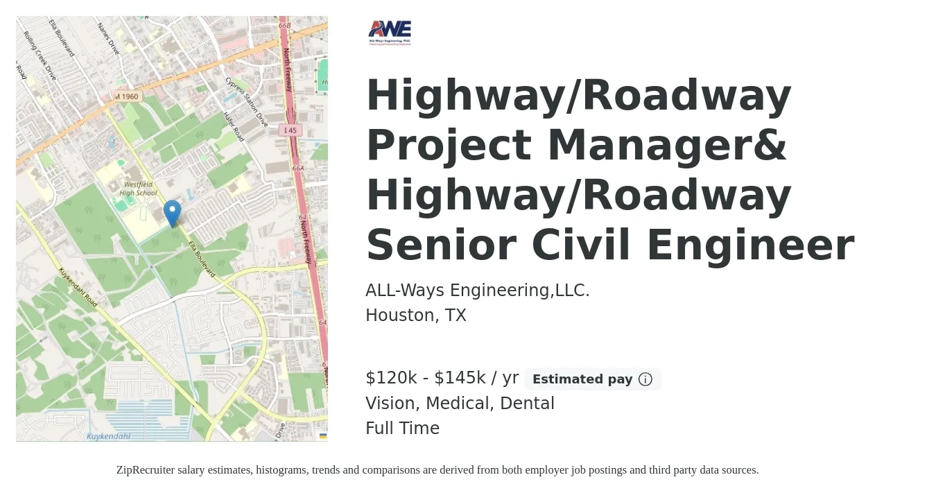 ALL-Ways Engineering,LLC. job posting for a Highway/Roadway Project Manager& Highway/Roadway Senior Civil Engineer in Houston, TX with a salary of $120,000 to $145,000 Yearly and benefits including vision, dental, life_insurance, medical, and pto with a map of Houston location.