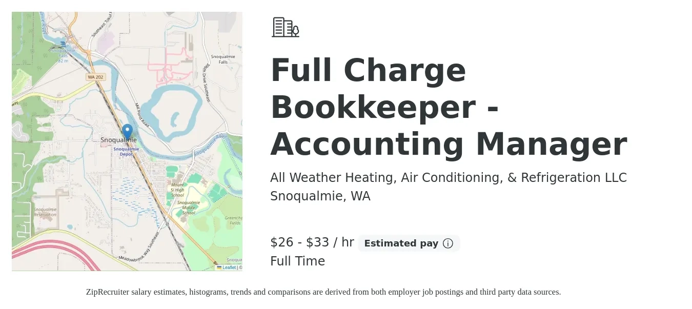 All Weather Heating, Air Conditioning, & Refrigeration LLC job posting for a Full Charge Bookkeeper - Accounting Manager in Snoqualmie, WA with a salary of $28 to $35 Hourly with a map of Snoqualmie location.