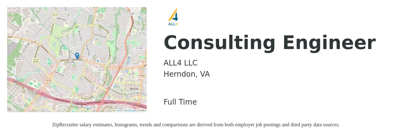 ALL4 LLC job posting for a Consulting Engineer in Herndon, VA with a salary of $32 to $59 Hourly with a map of Herndon location.
