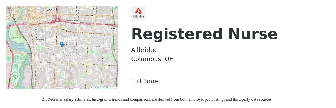Allbridge job posting for a Registered Nurse in Columbus, OH with a salary of $32 to $50 Hourly with a map of Columbus location.