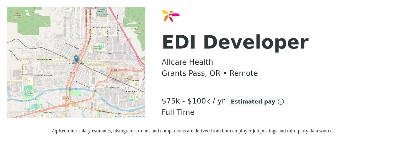Allcare Health job posting for a EDI Developer in Grants Pass, OR with a salary of $75,000 to $100,000 Yearly with a map of Grants Pass location.