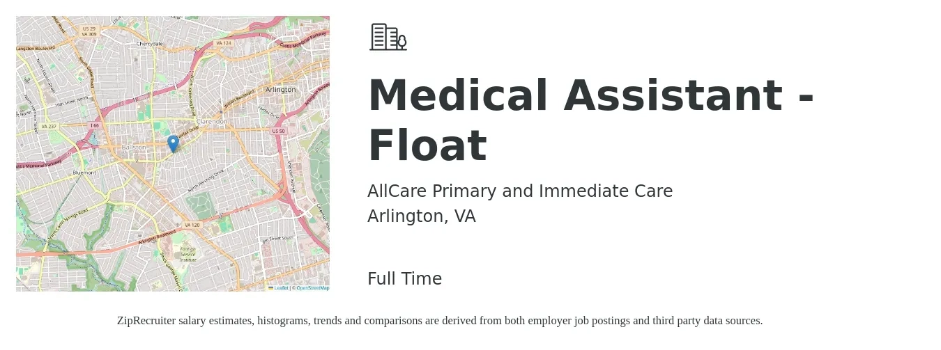 AllCare Primary and Immediate Care job posting for a Medical Assistant - Float in Arlington, VA with a salary of $20 to $26 Hourly with a map of Arlington location.