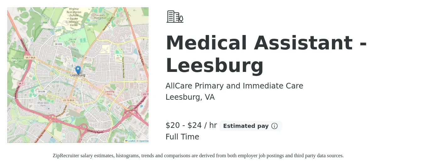 AllCare Primary and Immediate Care job posting for a Medical Assistant - Leesburg in Leesburg, VA with a salary of $21 to $25 Hourly with a map of Leesburg location.