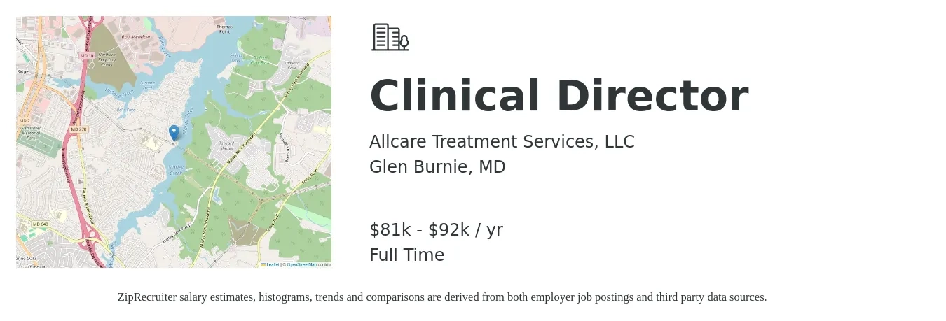 Allcare Treatment Services, LLC job posting for a Clinical Director in Glen Burnie, MD with a salary of $81,000 to $92,000 Yearly with a map of Glen Burnie location.