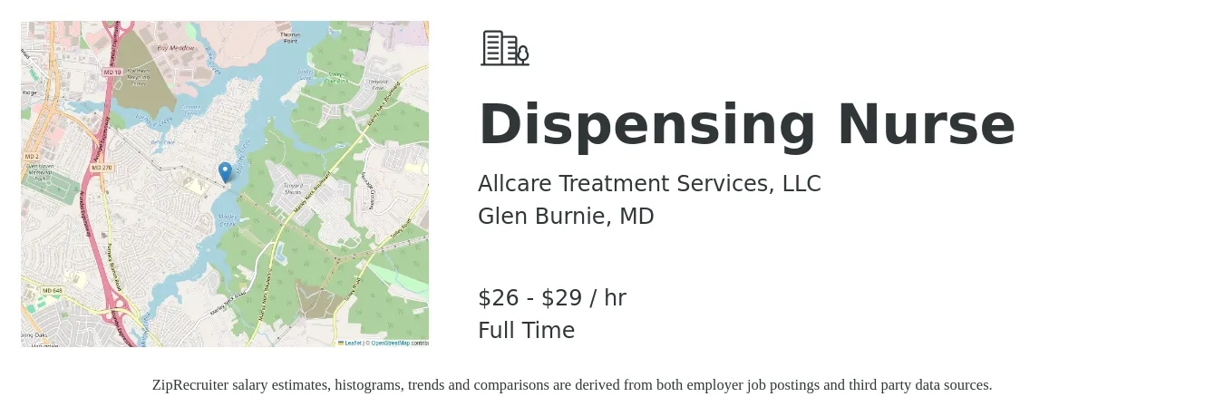 Allcare Treatment Services, LLC job posting for a Dispensing Nurse in Glen Burnie, MD with a salary of $28 to $31 Hourly with a map of Glen Burnie location.