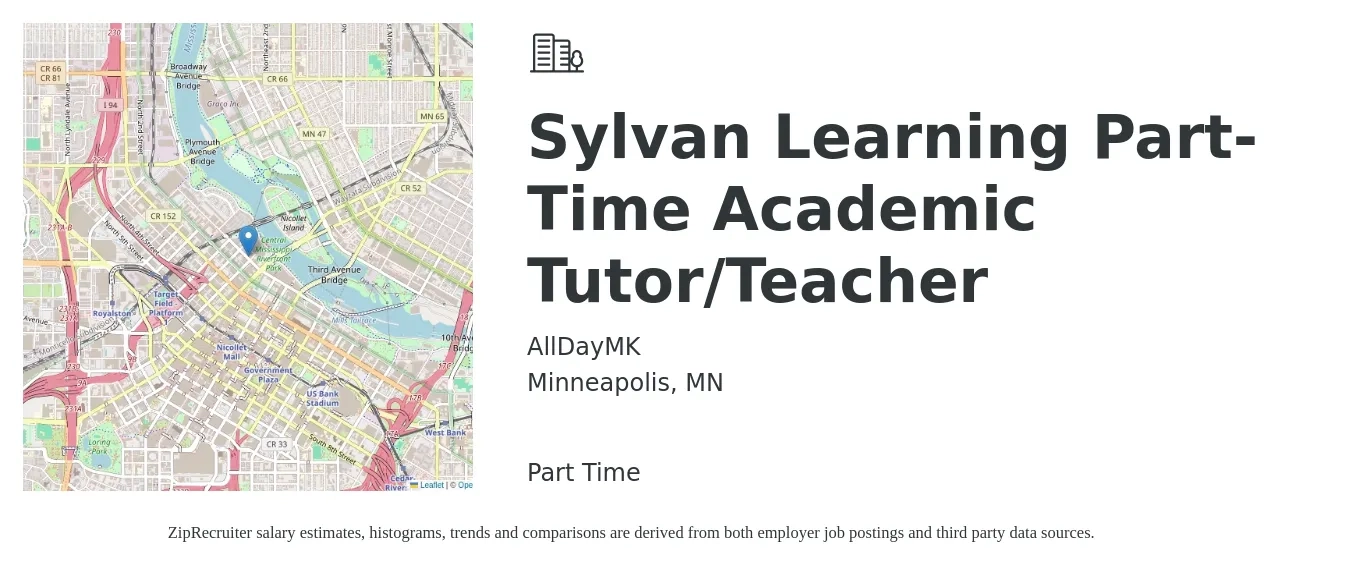AllDayMK job posting for a Sylvan Learning Part-Time Academic Tutor/Teacher in Minneapolis, MN with a salary of $18 to $31 Hourly with a map of Minneapolis location.