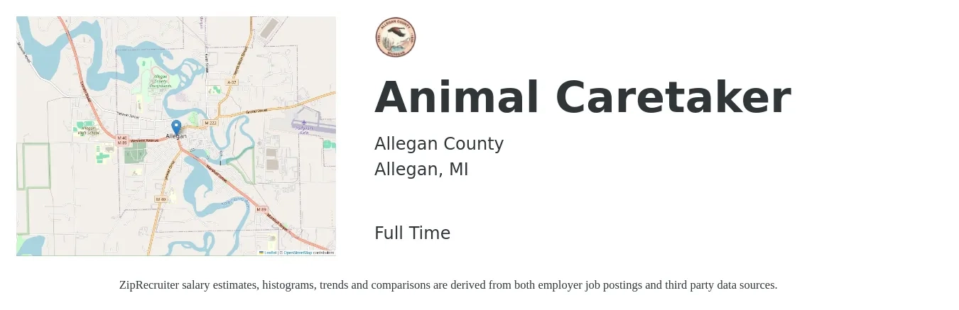Allegan County job posting for a Animal Caretaker in Allegan, MI with a salary of $16 Hourly with a map of Allegan location.