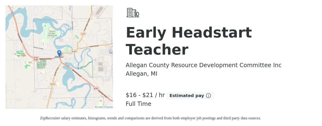 Allegan County Resource Development Committee Inc job posting for a Early Headstart Teacher in Allegan, MI with a salary of $17 to $22 Hourly with a map of Allegan location.