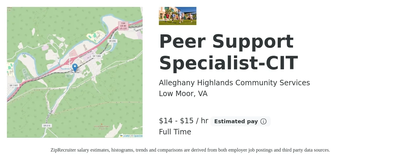 Alleghany Highlands Community Services job posting for a Peer Support Specialist-CIT in Low Moor, VA with a salary of $15 to $16 Hourly with a map of Low Moor location.