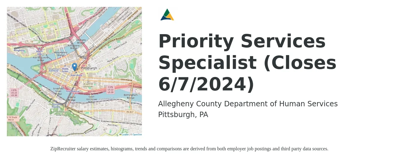 Allegheny County Department of Human Services job posting for a Priority Services Specialist (Closes 6/7/2024) in Pittsburgh, PA with a salary of $40,000 to $45,000 Yearly with a map of Pittsburgh location.