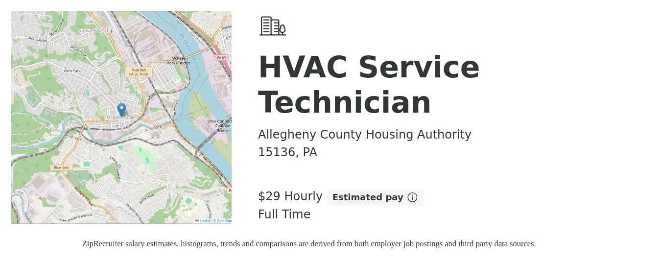 Allegheny County Housing Authority job posting for a HVAC Service Technician in 15136, PA with a salary of $31 Hourly with a map of 15136 location.