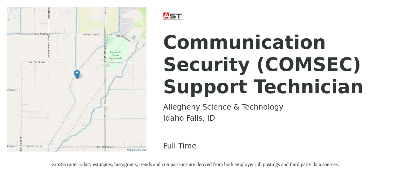 Allegheny Science & Technology job posting for a Communication Security (COMSEC) Support Technician in Idaho Falls, ID with a salary of $22 to $35 Hourly with a map of Idaho Falls location.