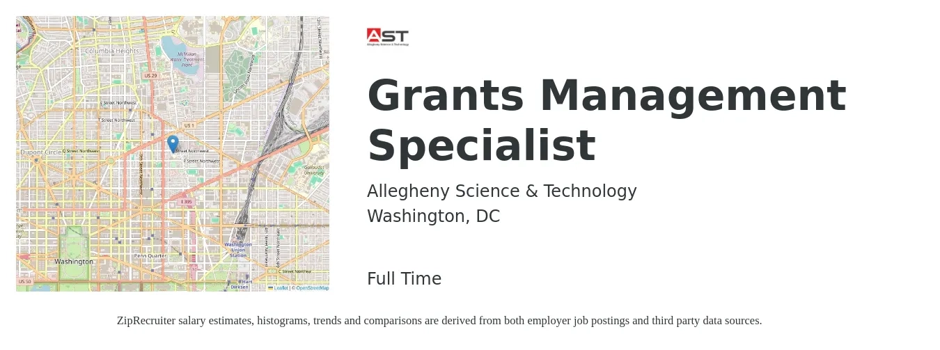 Allegheny Science & Technology job posting for a Grants Management Specialist in Washington, DC with a salary of $64,800 to $112,100 Yearly with a map of Washington location.