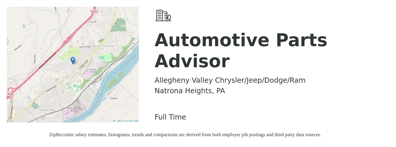 Allegheny Valley Chrysler/Jeep/Dodge/Ram job posting for a Automotive Parts Advisor in Natrona Heights, PA with a salary of $17 to $26 Hourly with a map of Natrona Heights location.
