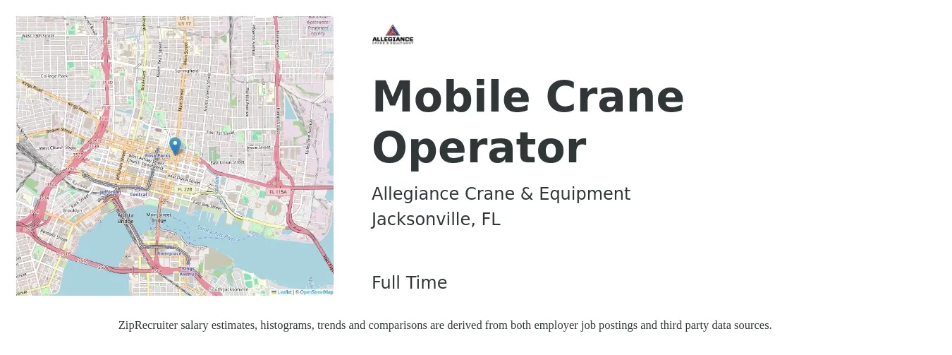 Allegiance Crane & Equipment job posting for a Mobile Crane Operator in Jacksonville, FL with a salary of $18 to $27 Hourly with a map of Jacksonville location.