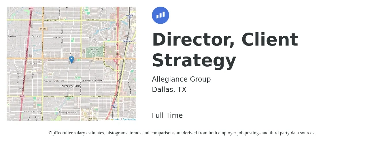 Allegiance Group job posting for a Director, Client Strategy in Dallas, TX with a salary of $116,200 to $143,400 Yearly with a map of Dallas location.