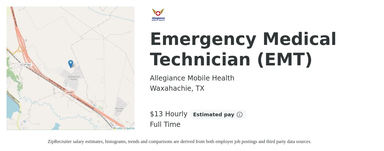 Allegiance Mobile Health job posting for a Emergency Medical Technician (EMT) in Waxahachie, TX with a salary of $14 to $17 Hourly with a map of Waxahachie location.