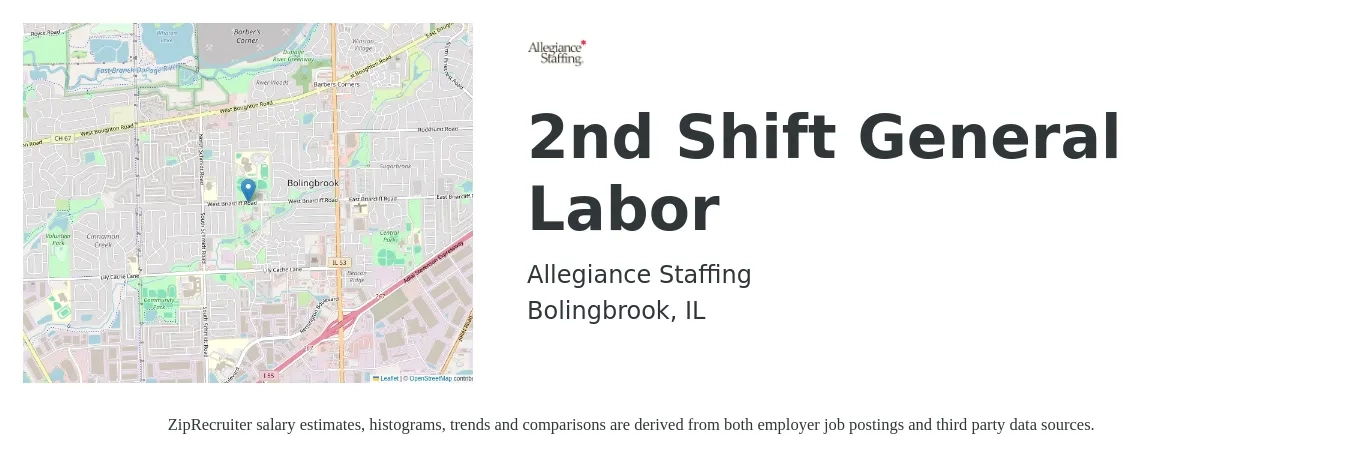 Allegiance Staffing job posting for a 2nd Shift General Labor in Bolingbrook, IL with a salary of $16 to $20 Hourly with a map of Bolingbrook location.