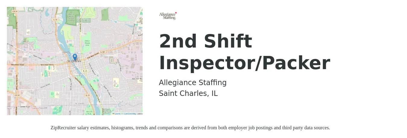 Allegiance Staffing job posting for a 2nd Shift Inspector/Packer in Saint Charles, IL with a salary of $16 to $18 Hourly with a map of Saint Charles location.