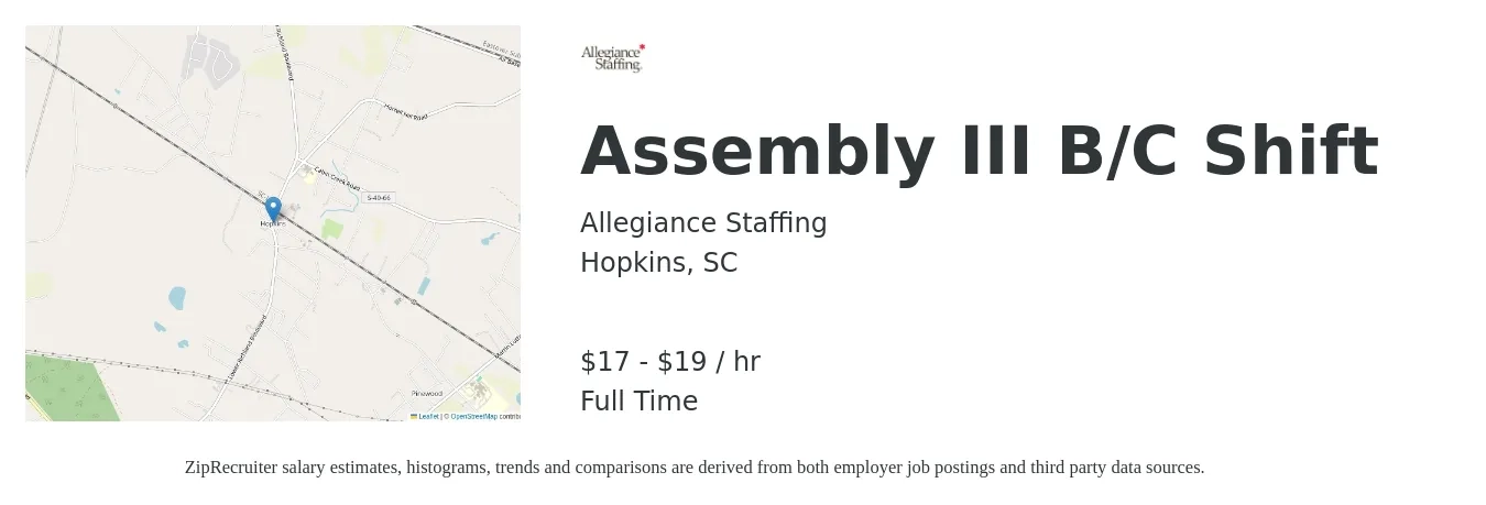 Allegiance Staffing job posting for a Assembly III B/C Shift in Hopkins, SC with a salary of $18 to $20 Hourly with a map of Hopkins location.