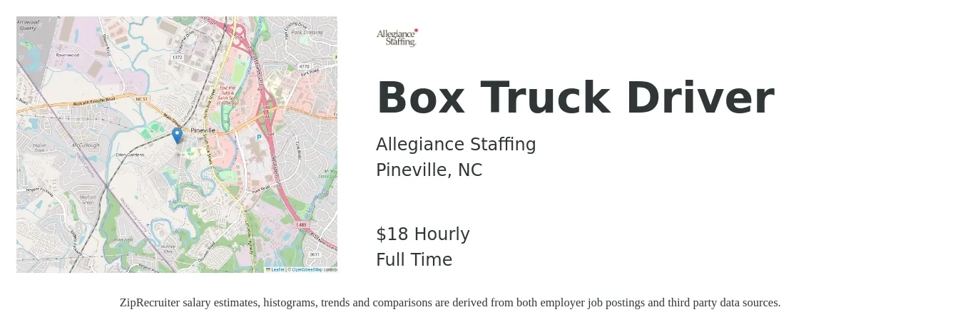 Allegiance Staffing job posting for a Box Truck Driver in Pineville, NC with a salary of $19 Hourly with a map of Pineville location.