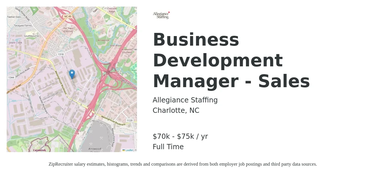 Allegiance Staffing job posting for a Business Development Manager - Sales in Charlotte, NC with a salary of $70,000 to $75,000 Yearly with a map of Charlotte location.