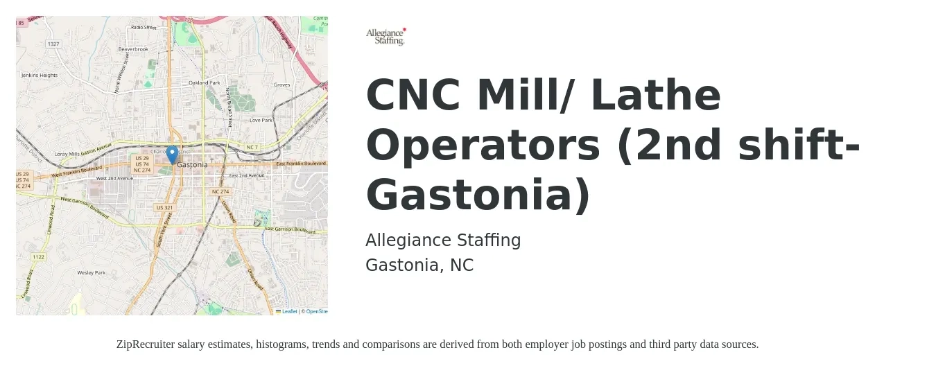Allegiance Staffing job posting for a CNC Mill/ Lathe Operators (2nd shift-Gastonia) in Gastonia, NC with a salary of $17 to $24 Hourly with a map of Gastonia location.