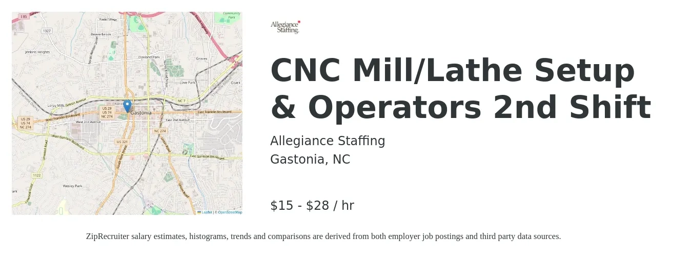 Allegiance Staffing job posting for a CNC Mill/Lathe Setup & Operators 2nd Shift in Gastonia, NC with a salary of $16 to $30 Hourly with a map of Gastonia location.
