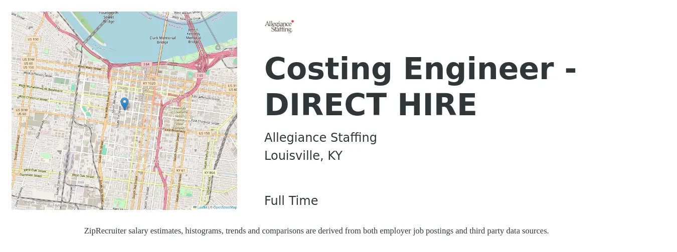 Allegiance Staffing job posting for a Costing Engineer - DIRECT HIRE in Louisville, KY with a salary of $77,800 to $109,500 Yearly with a map of Louisville location.