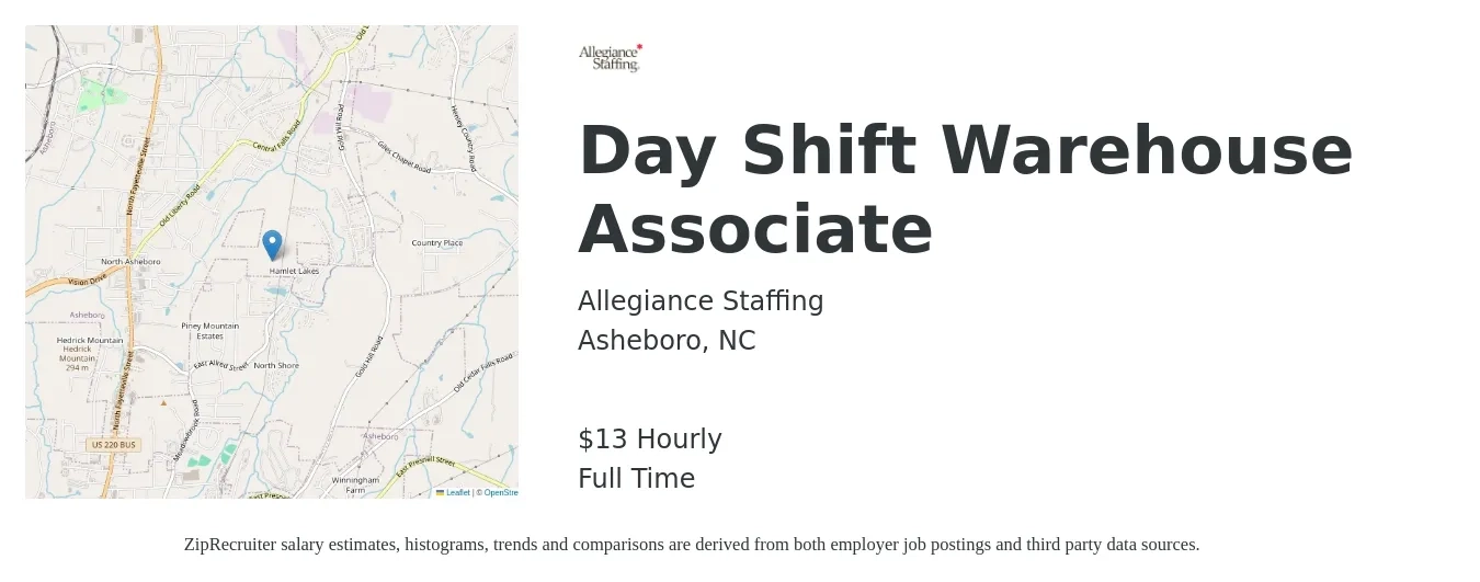 Allegiance Staffing job posting for a Day Shift Warehouse Associate in Asheboro, NC with a salary of $14 Hourly with a map of Asheboro location.