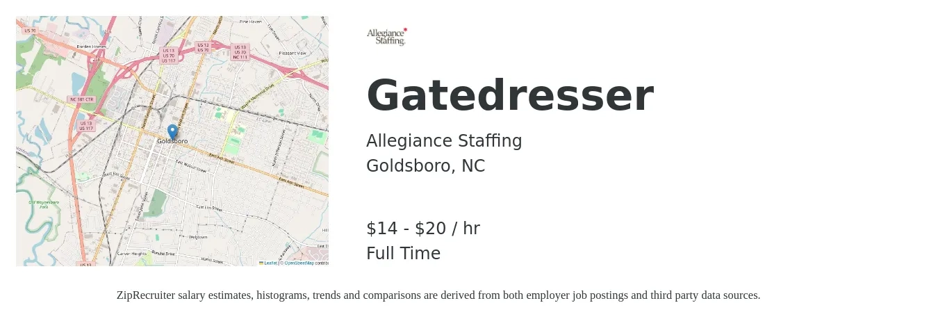 Allegiance Staffing job posting for a Gatedresser in Goldsboro, NC with a salary of $15 to $21 Hourly with a map of Goldsboro location.