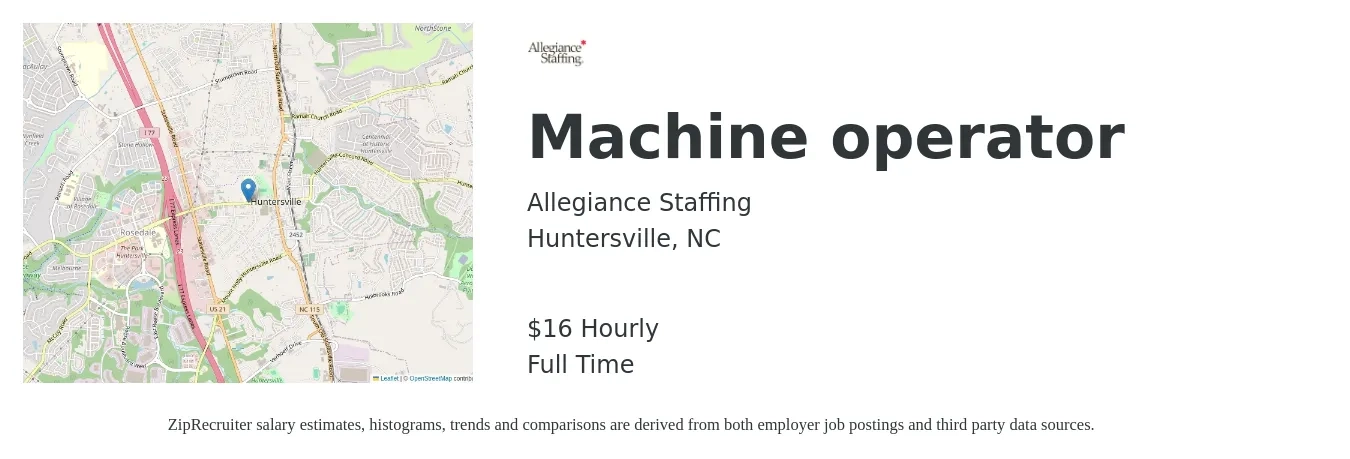 Allegiance Staffing job posting for a Machine operator in Huntersville, NC with a salary of $17 Hourly with a map of Huntersville location.